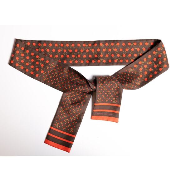 Louis Vuitton Vintage Brown Orange Polka Dot Silk Twill Logo Bandeau Scarf - Picture 1 of 5
